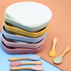 baby silicone compartment plate with wooden spoon